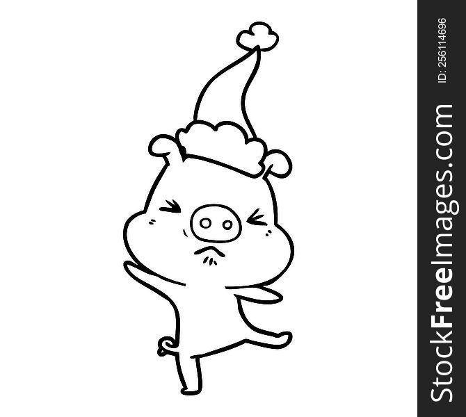 line drawing of a furious pig wearing santa hat