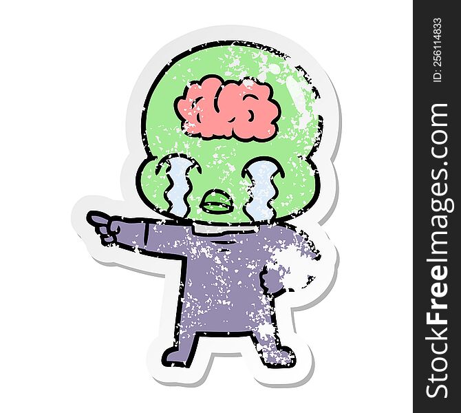 Distressed Sticker Of A Cartoon Big Brain Alien Crying And Pointing