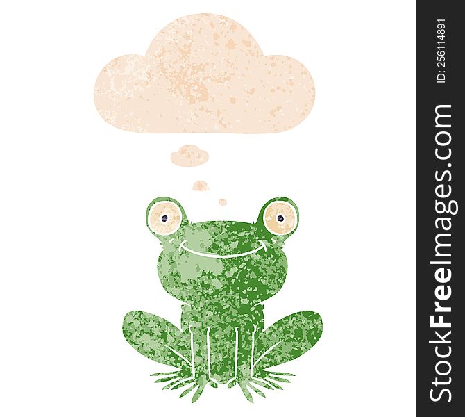 cartoon frog with thought bubble in grunge distressed retro textured style. cartoon frog with thought bubble in grunge distressed retro textured style