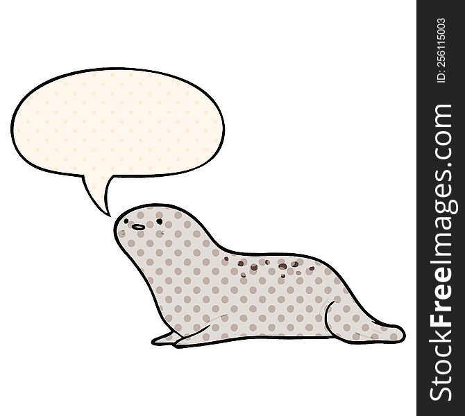 cute cartoon seal with speech bubble in comic book style