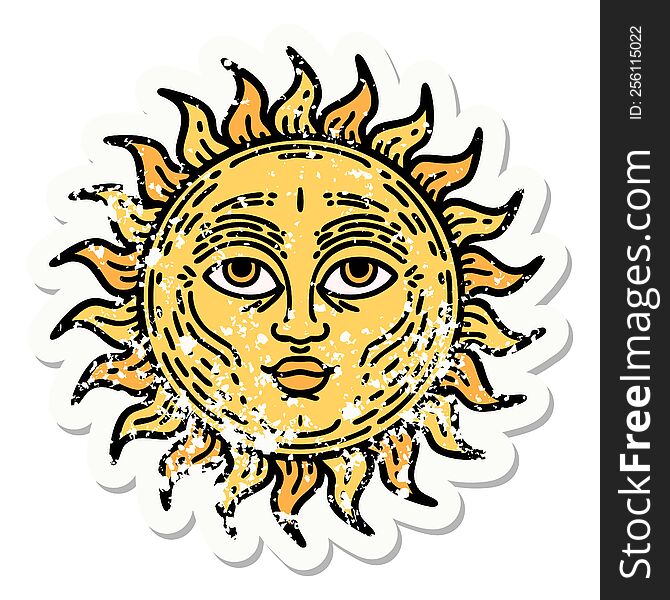 Traditional Distressed Sticker Tattoo Of A Sun With Face