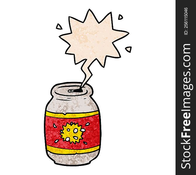 cartoon can of soda with speech bubble in retro texture style