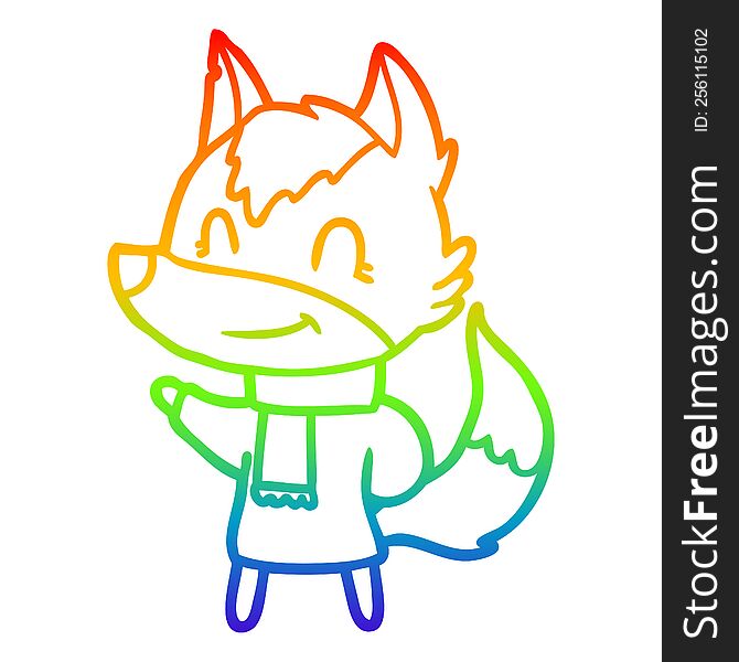 rainbow gradient line drawing of a friendly cartoon wolf in winter clothes