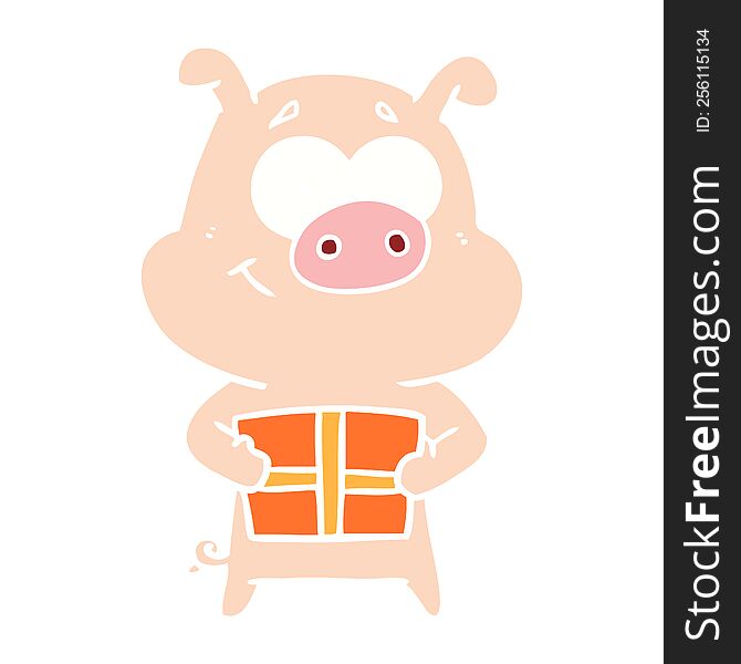 Happy Flat Color Style Cartoon Pig Holding Christmas Present
