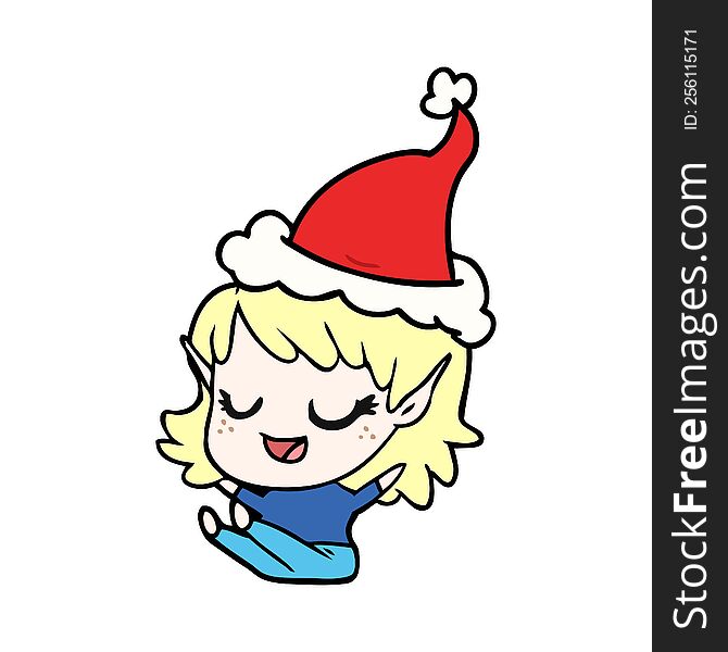 Happy Line Drawing Of A Elf Girl Sitting Wearing Santa Hat