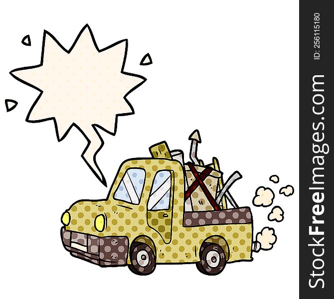 cartoon old truck full of junk with speech bubble in comic book style