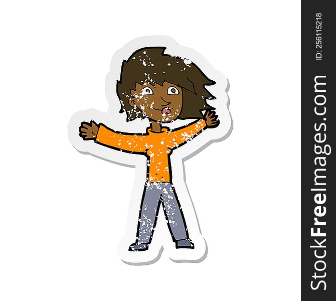 Retro Distressed Sticker Of A Cartoon Excited Woman Waving