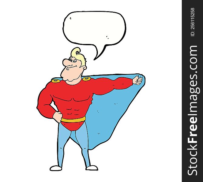 funny cartoon superhero with speech bubble