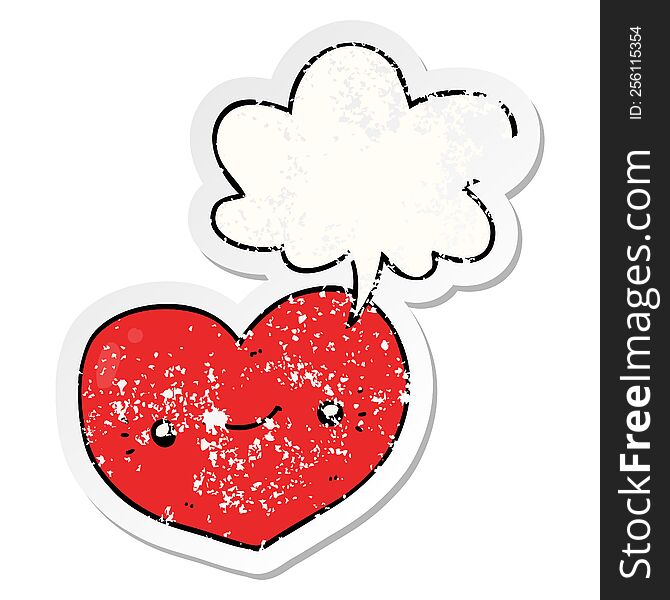 heart cartoon character with speech bubble distressed distressed old sticker. heart cartoon character with speech bubble distressed distressed old sticker