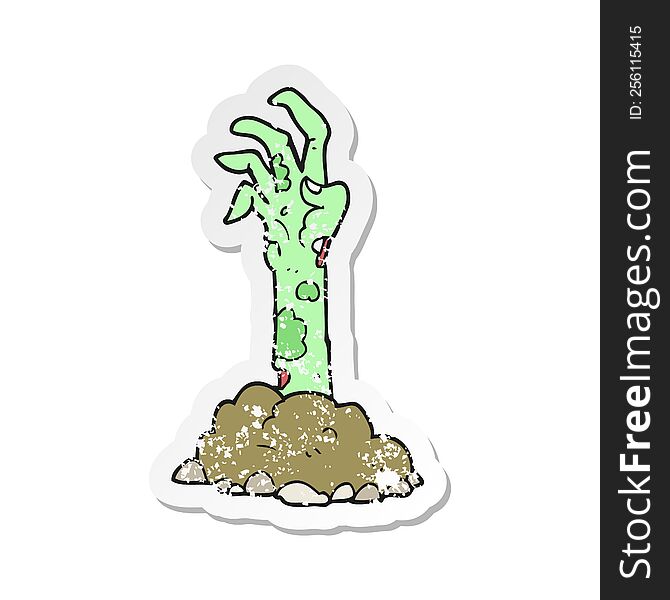 Retro Distressed Sticker Of A Cartoon Zombie Hand Rising From Ground