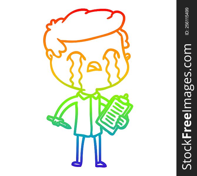 rainbow gradient line drawing of a cartoon salesman crying