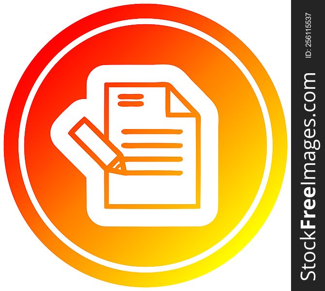 writing document circular icon with warm gradient finish. writing document circular icon with warm gradient finish