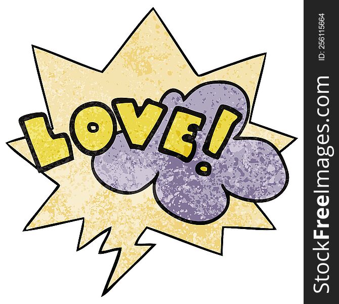 cartoon word love with speech bubble in retro texture style