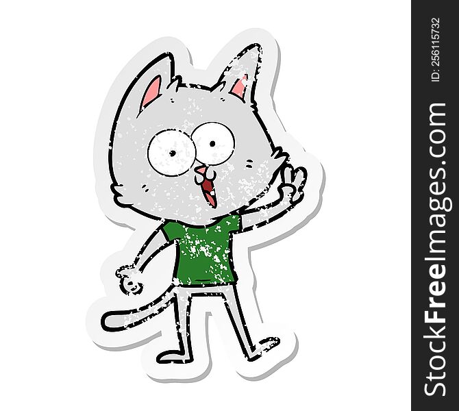 distressed sticker of a funny cartoon cat giving peace sign