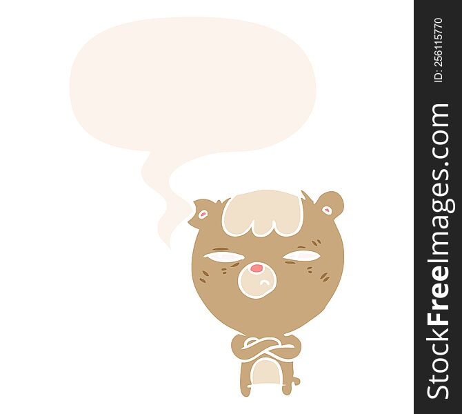 cartoon annoyed bear and arms crossed and speech bubble in retro style