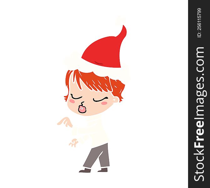 hand drawn flat color illustration of a woman with eyes shut wearing santa hat
