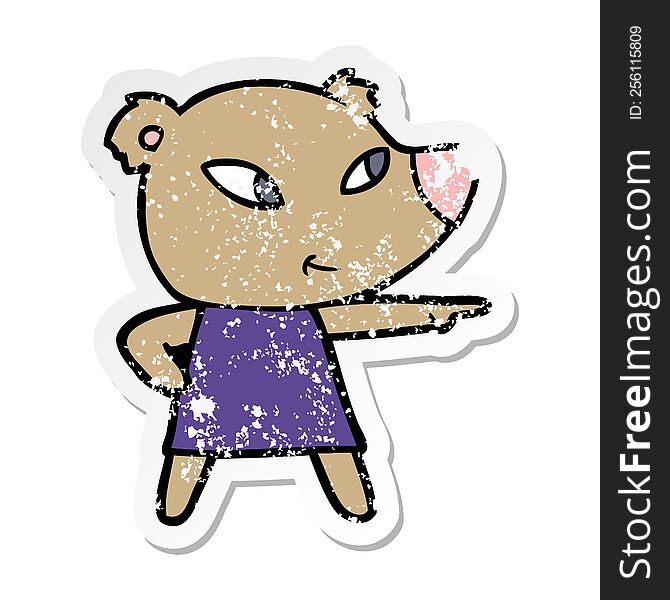 Distressed Sticker Of A Cute Cartoon Bear In Dress
