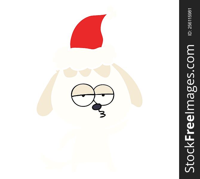 hand drawn flat color illustration of a bored dog wearing santa hat