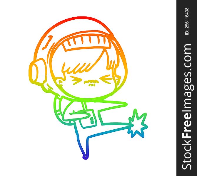 rainbow gradient line drawing of a angry cartoon space girl stubbing toe