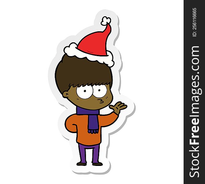 nervous hand drawn sticker cartoon of a boy wearing santa hat. nervous hand drawn sticker cartoon of a boy wearing santa hat
