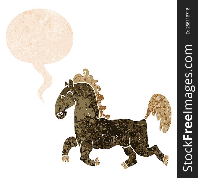 cartoon stallion with speech bubble in grunge distressed retro textured style. cartoon stallion with speech bubble in grunge distressed retro textured style