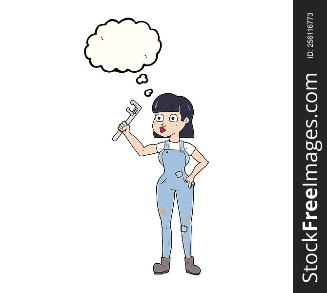 freehand drawn thought bubble cartoon female plumber