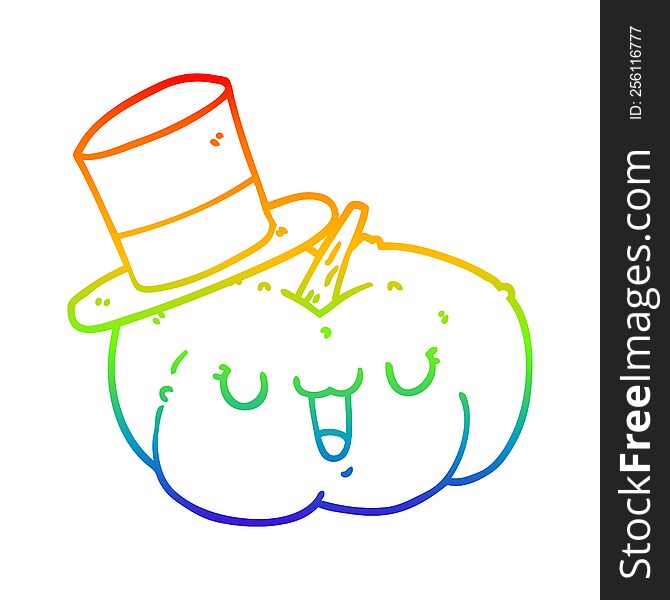 rainbow gradient line drawing of a cartoon pumpkin wearing hat