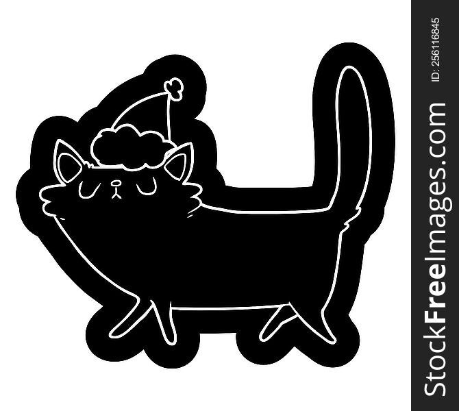 quirky cartoon icon of a black cat wearing santa hat
