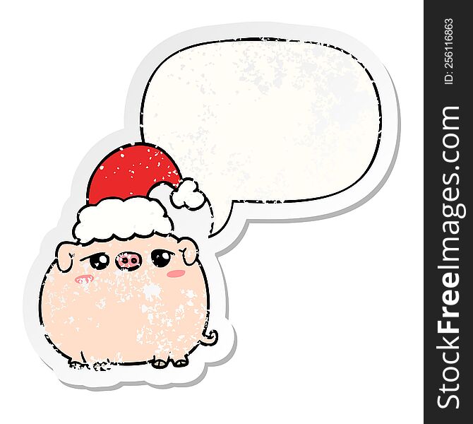 Cartoon Pig Wearing Christmas Hat And Speech Bubble Distressed Sticker