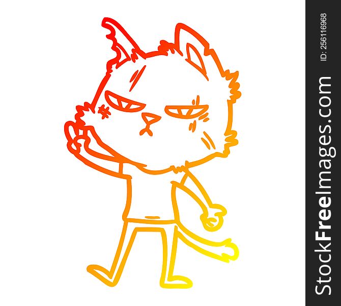 warm gradient line drawing of a tough cartoon cat giving victory sign