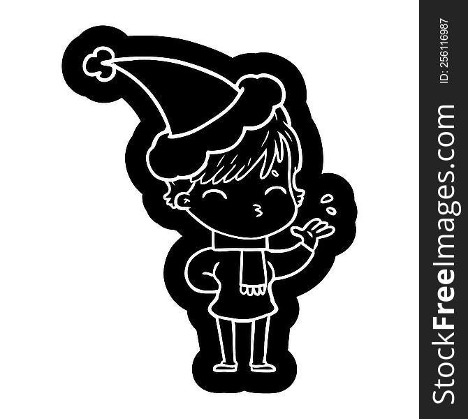 quirky cartoon icon of a woman thinking wearing santa hat