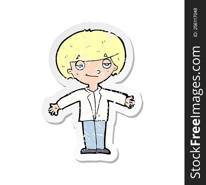 Retro Distressed Sticker Of A Cartoon Smug Boy