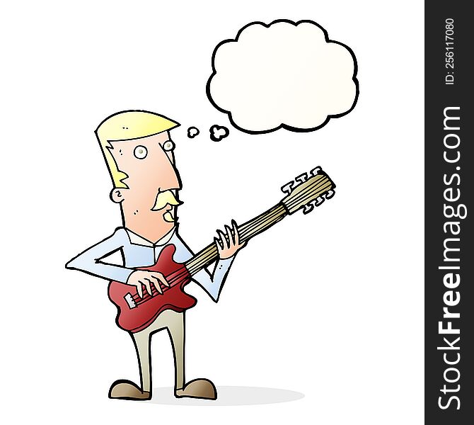 cartoon man playing electric guitar with thought bubble