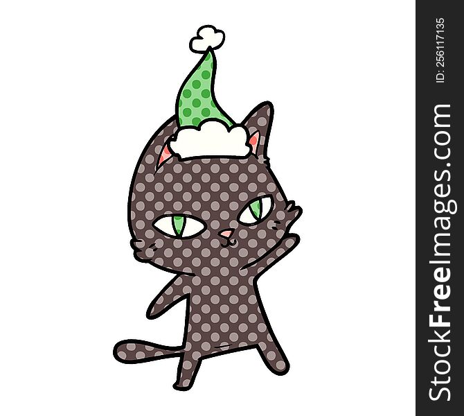 comic book style illustration of a cat staring wearing santa hat