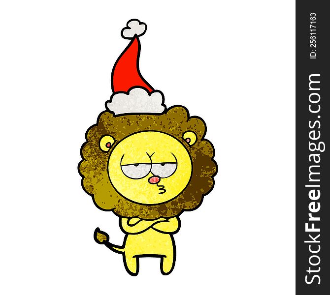 hand drawn textured cartoon of a tired lion wearing santa hat