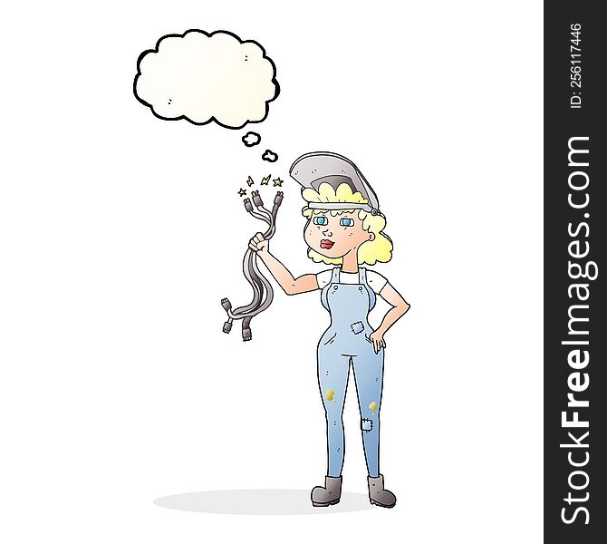 freehand drawn thought bubble cartoon electrician woman
