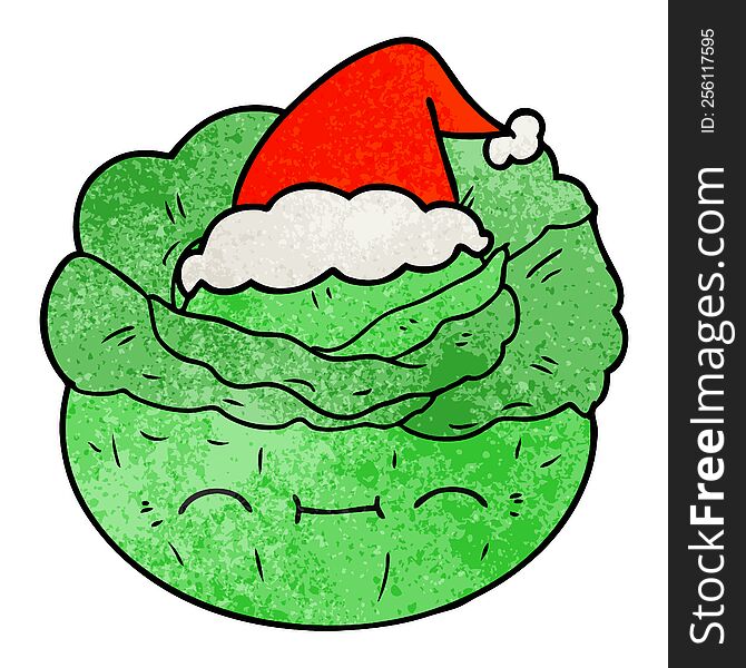 hand drawn textured cartoon of a cabbage wearing santa hat