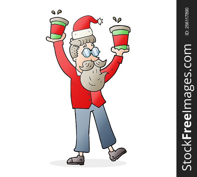 Cartoon Man With Coffee Cups At Christmas