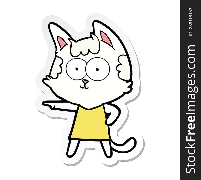 sticker of a happy cartoon cat in dress pointing