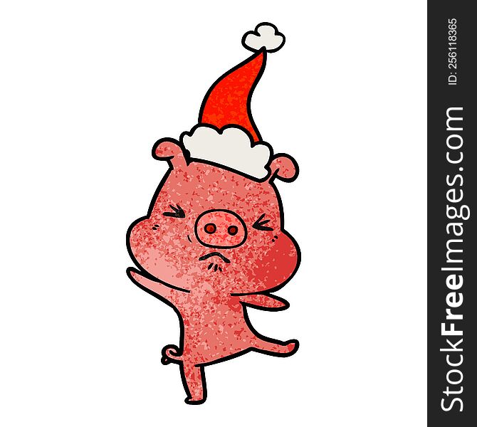 hand drawn textured cartoon of a furious pig wearing santa hat