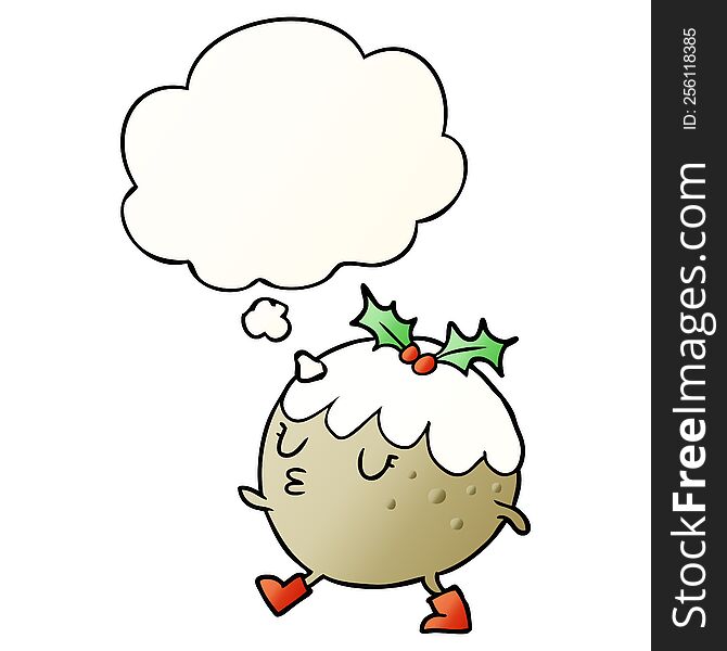 cartoon chrstmas pudding walking with thought bubble in smooth gradient style