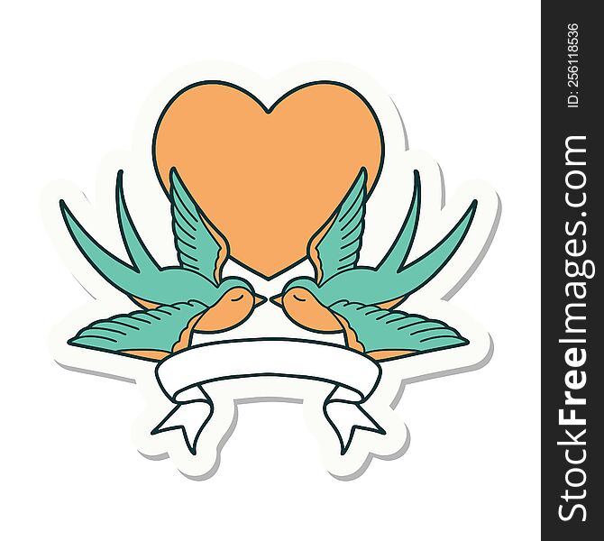 Tattoo Sticker With Banner Of A Swallows And A Heart