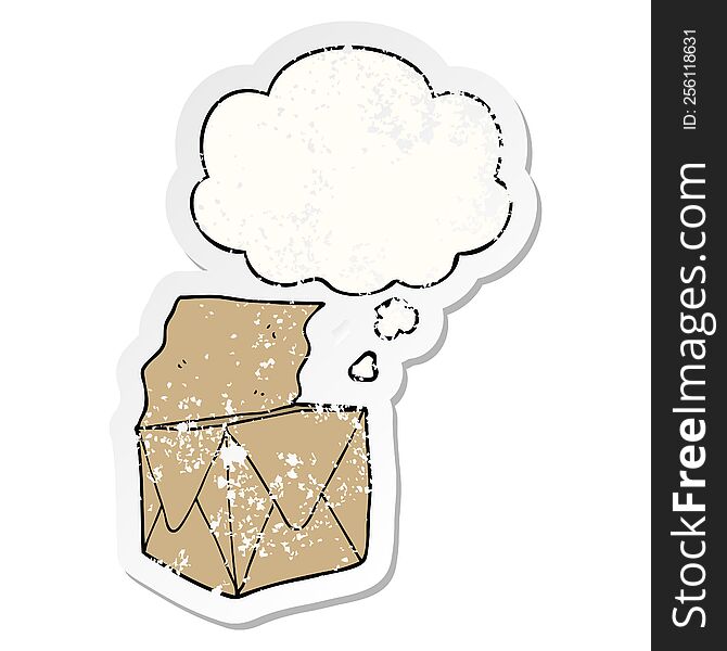 cartoon package with thought bubble as a distressed worn sticker