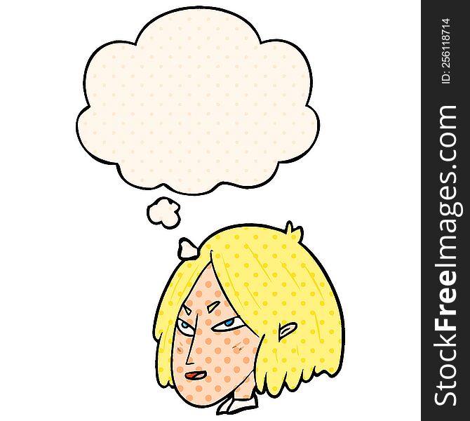 cartoon woman with thought bubble in comic book style