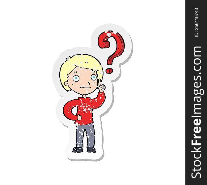 Retro Distressed Sticker Of A Cartoon Boy Asking Question