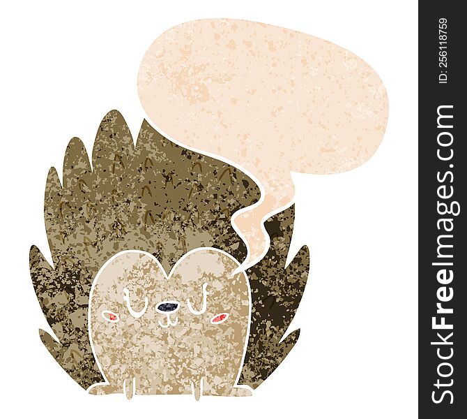 Cute Cartoon Hedgehog And Speech Bubble In Retro Textured Style