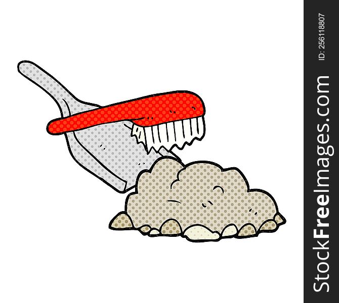 freehand drawn comic book style cartoon dust pan and brush sweeping up rubble