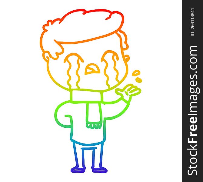 rainbow gradient line drawing of a cartoon man crying wearing winter scarf