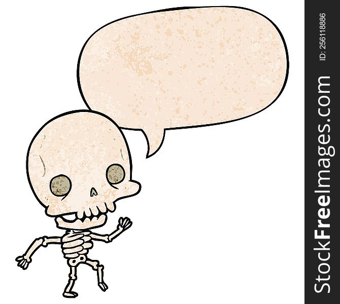 Cute Cartoon Dancing Skeleton And Speech Bubble In Retro Texture Style