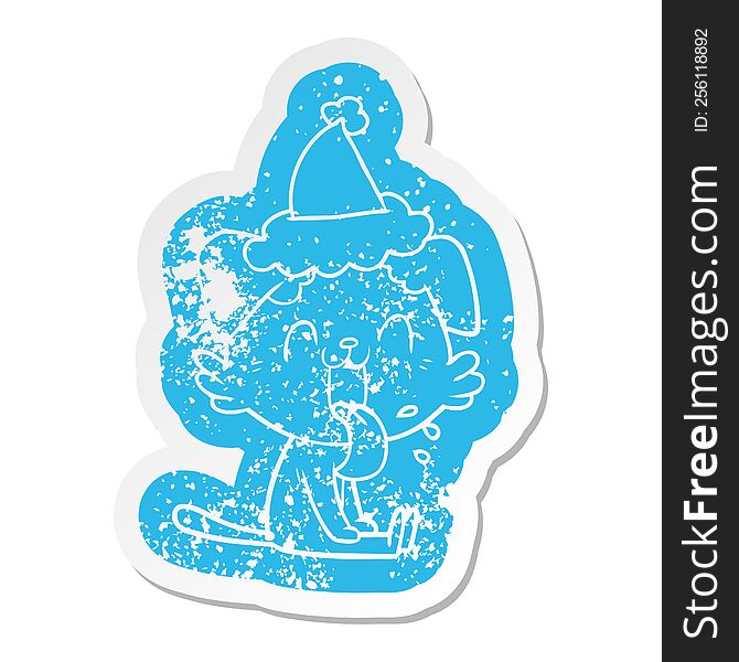 quirky cartoon distressed sticker of a panting dog wearing santa hat